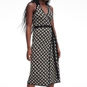 Diane Von Furstenberg Black and Cream Geometric Wrap Midi Dress